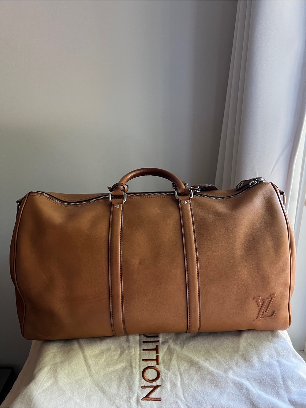 Louis Vuitton Keepall H30 Bandoulière 50 in Millesime Leather Tan